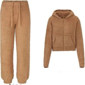 SKIMS cozy knit zip up hoodie & jogger matching set in camel